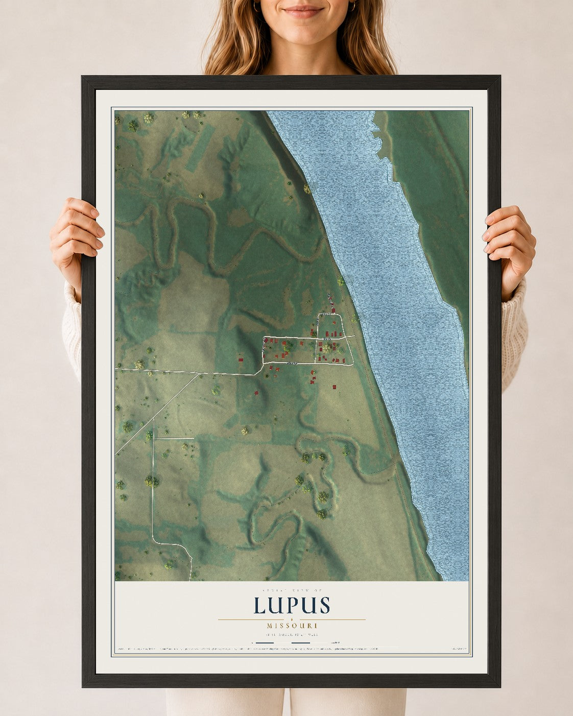 Map of Lupus, Missouri, 24 x 36 inch print in a black wood frame