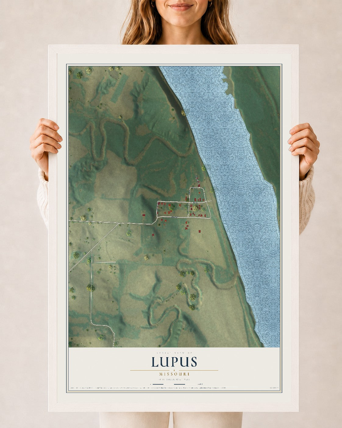 Map of Lupus, Missouri, 24 x 36 inch print in a white wood frame