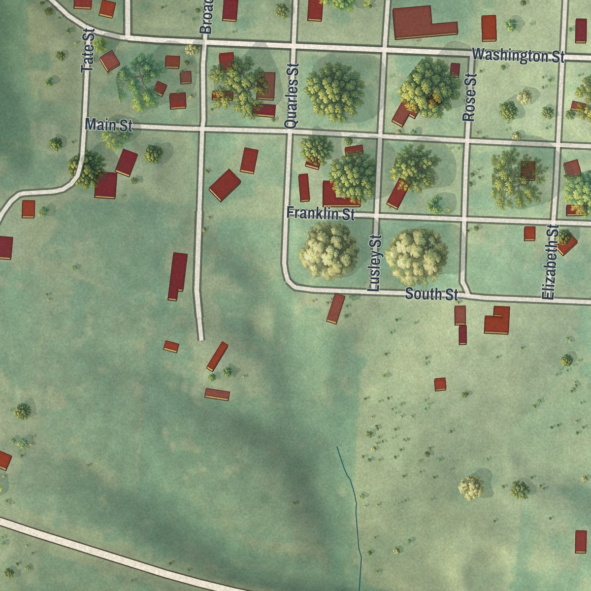 Close-up of the map of Luray, Missouri print showing street and building detail