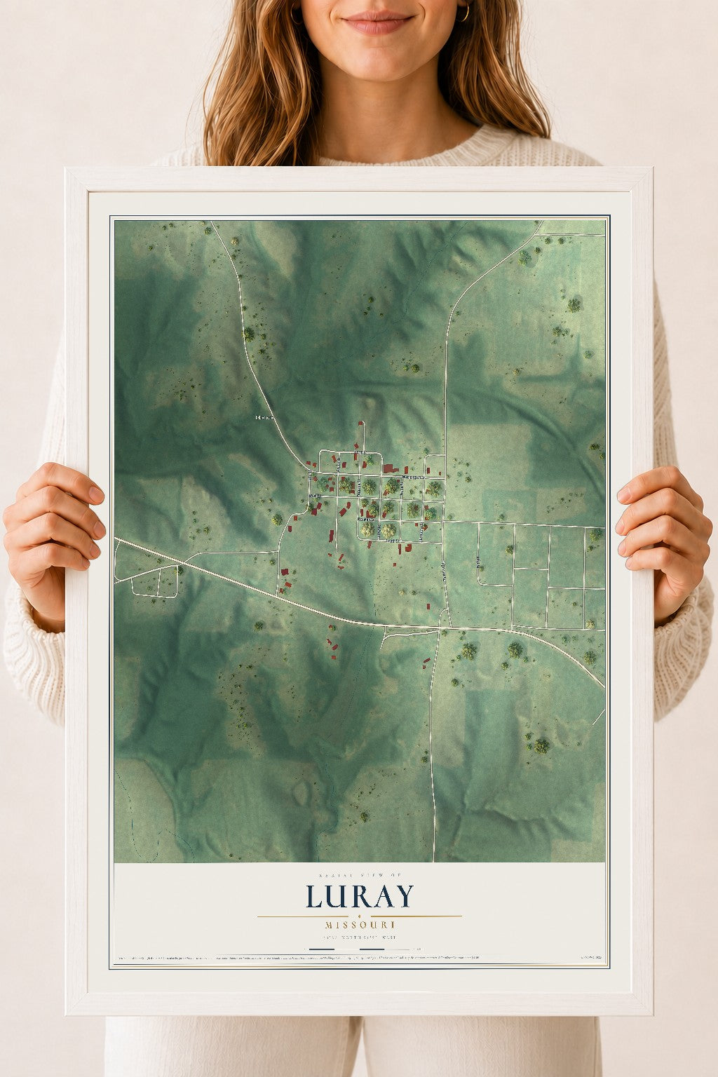Map of Luray, Missouri, 18 x 24 inch print in a white wood frame