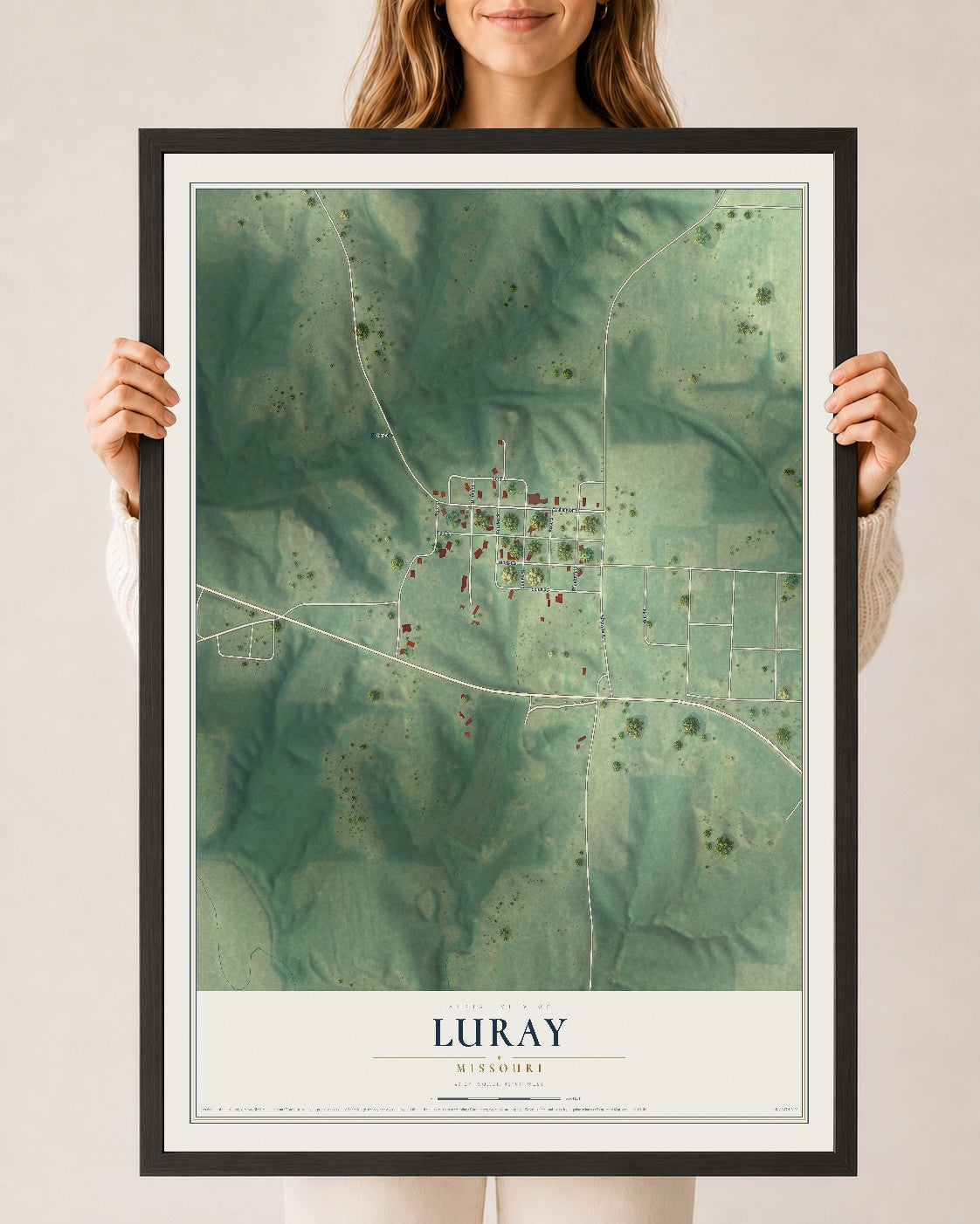 Map of Luray, Missouri, 24 x 36 inch print in a black wood frame