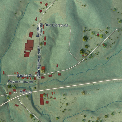Close-up of the map of Macks Creek, Missouri print showing street and building detail