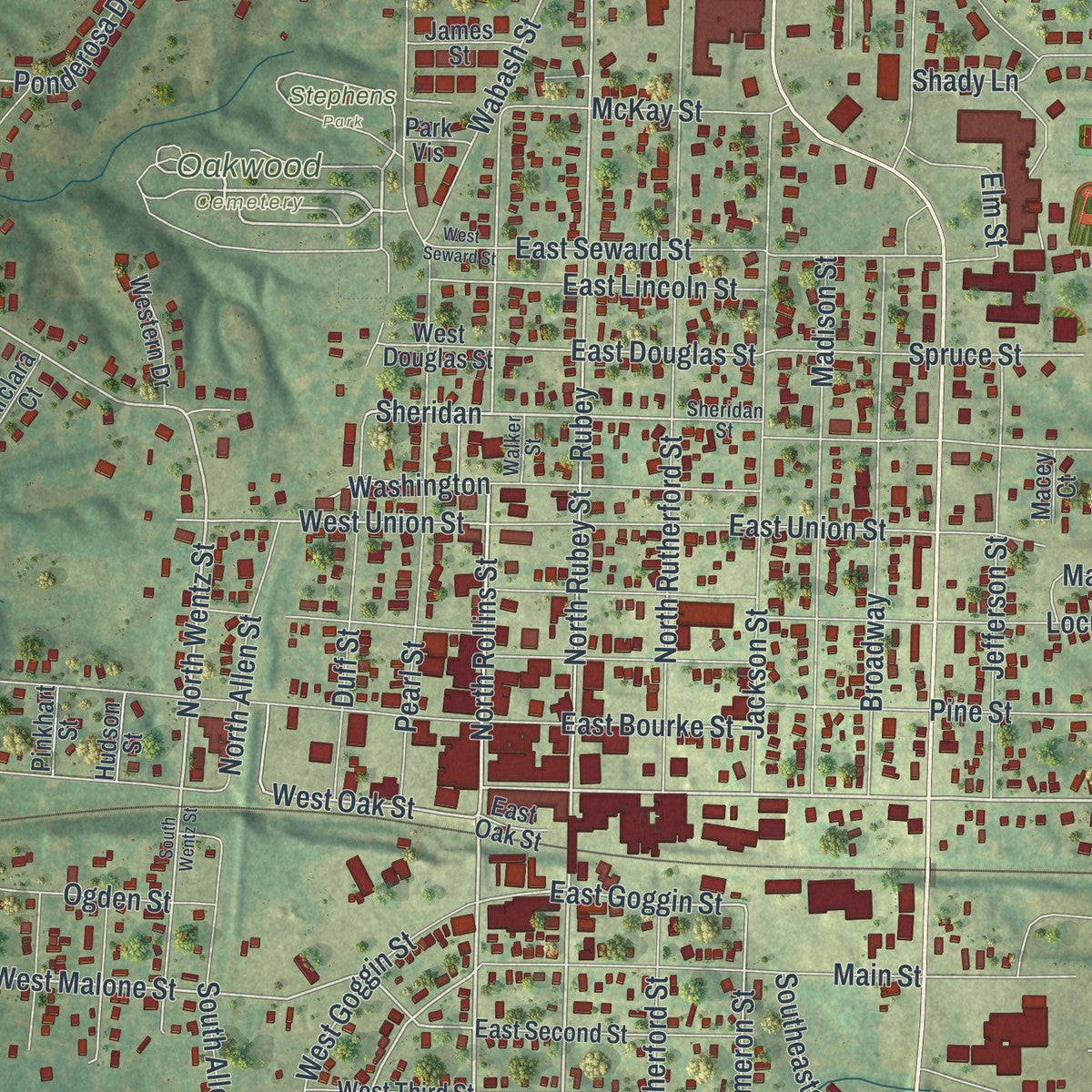 Close-up of the map of Macon, Missouri print showing street and building detail
