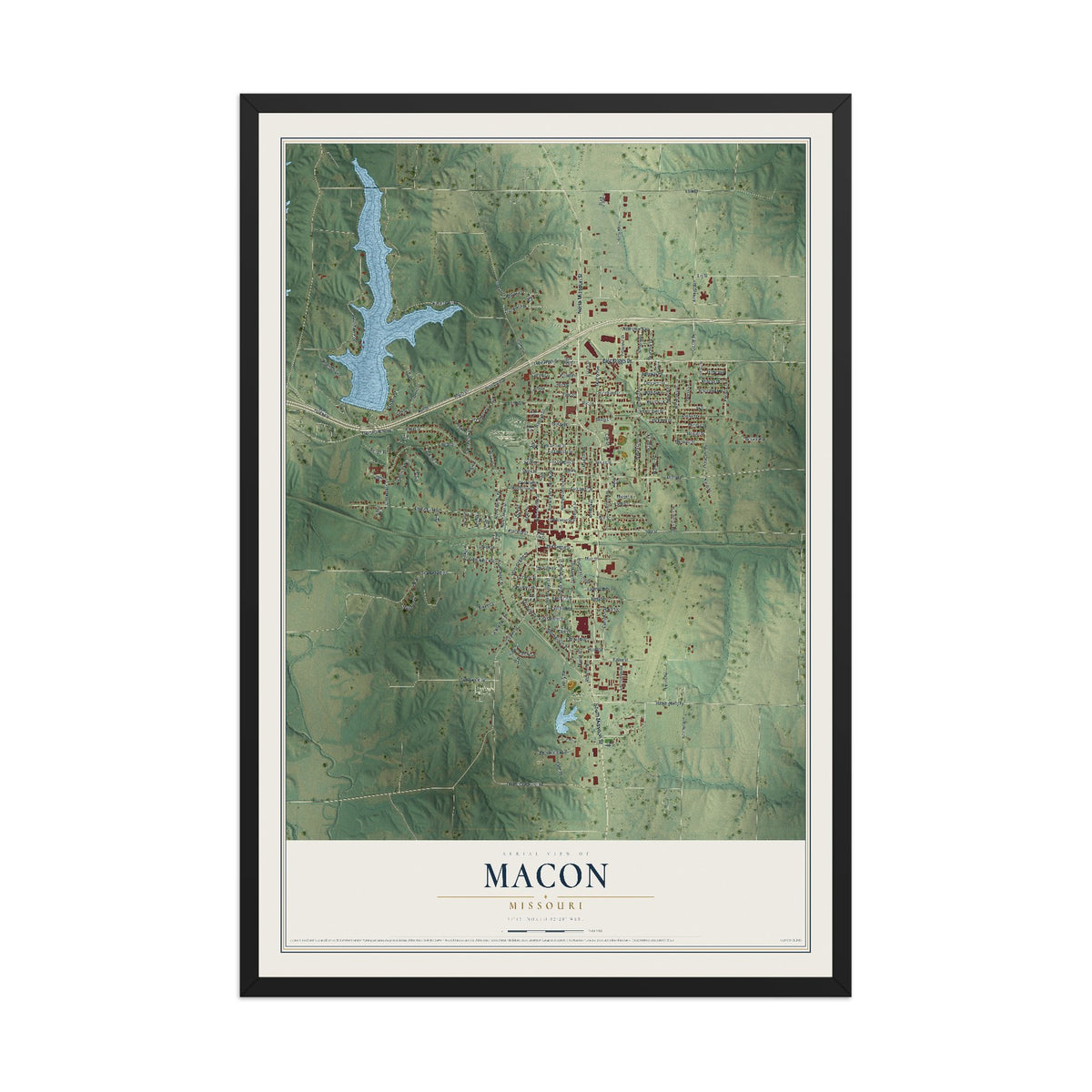 Map of Macon, Missouri, 12 x 18 inch print in a black wood frame