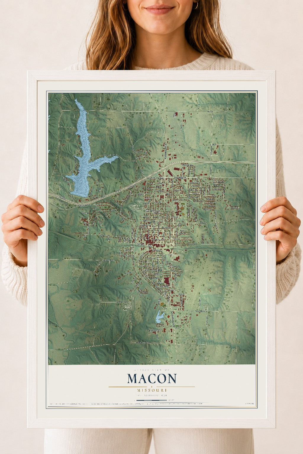 Map of Macon, Missouri, 18 x 24 inch print in a white wood frame
