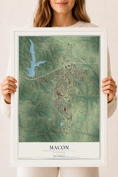 Map of Macon, Missouri, 18 x 24 inch print in a white wood frame