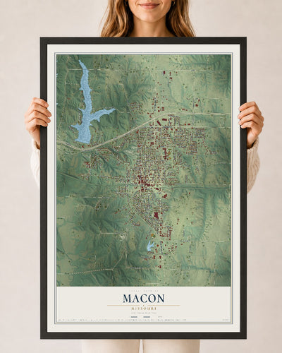 Map of Macon, Missouri, 24 x 36 inch print in a black wood frame