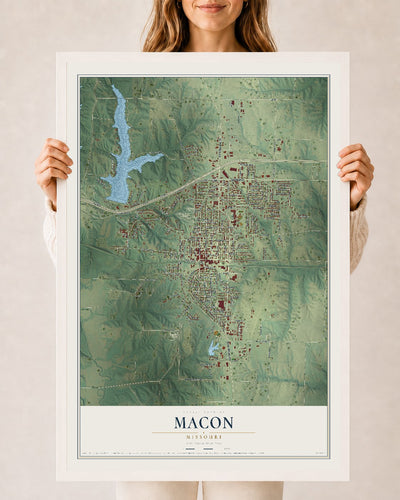 Map of Macon, Missouri, 24 x 36 inch print in a white wood frame