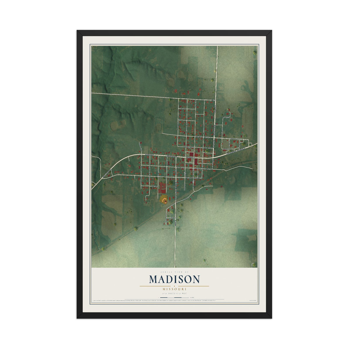 Map of Madison, Missouri, 12 x 18 inch print in a black wood frame