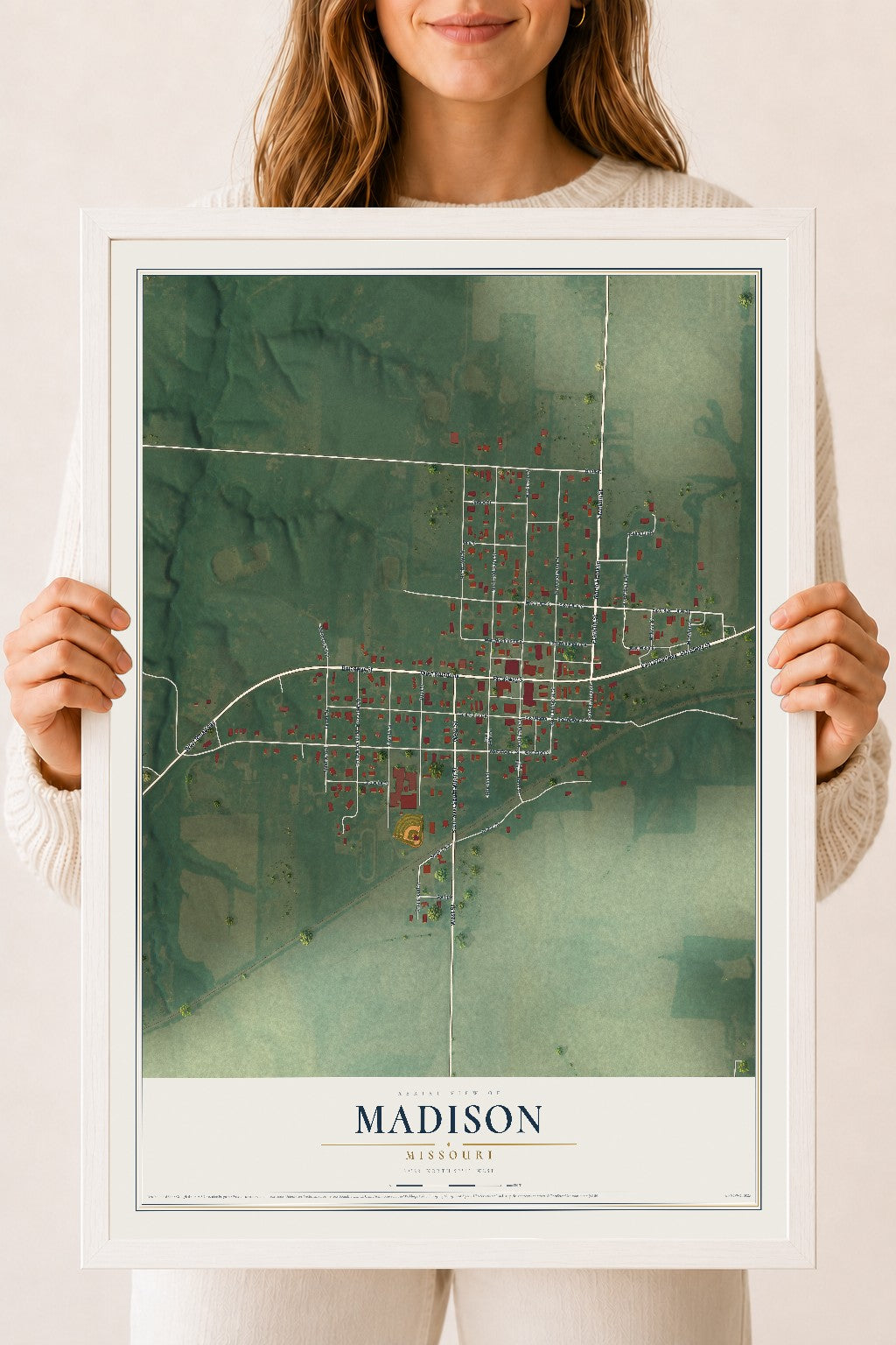 Map of Madison, Missouri, 18 x 24 inch print in a white wood frame