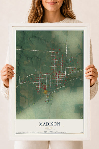 Map of Madison, Missouri, 18 x 24 inch print in a white wood frame