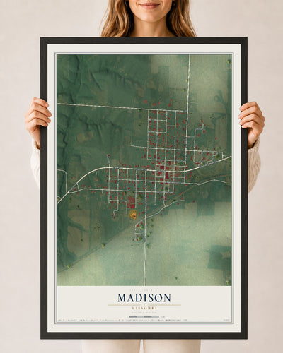 Map of Madison, Missouri, 24 x 36 inch print in a black wood frame