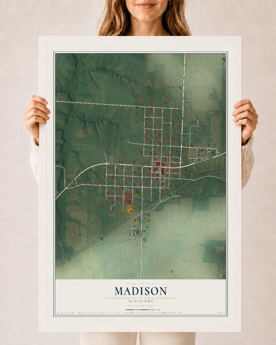 Map of Madison, Missouri, 24 x 36 inch print in a white wood frame