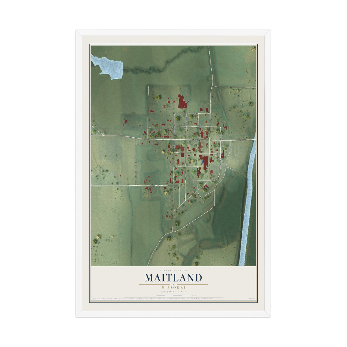 Map of Maitland, Missouri, 12 x 18 inch print in a white wood frame