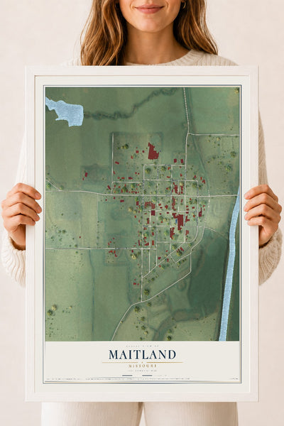 Map of Maitland, Missouri, 18 x 24 inch print in a white wood frame