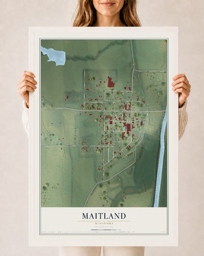 Map of Maitland, Missouri, 24 x 36 inch print in a white wood frame