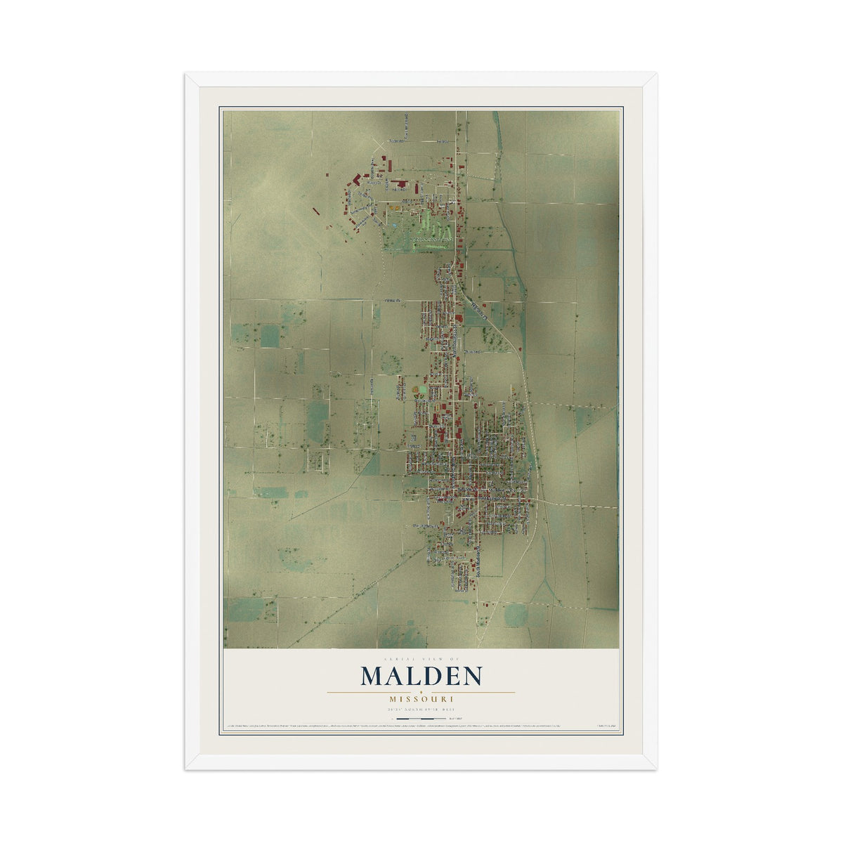 Map of Malden, Missouri, 12 x 18 inch print in a white wood frame
