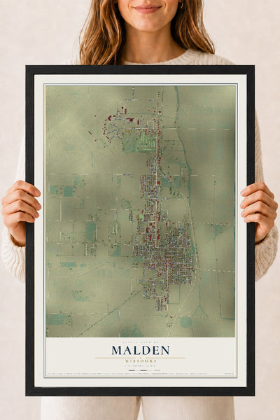 Map of Malden, Missouri, 18 x 24 inch print in a black wood frame
