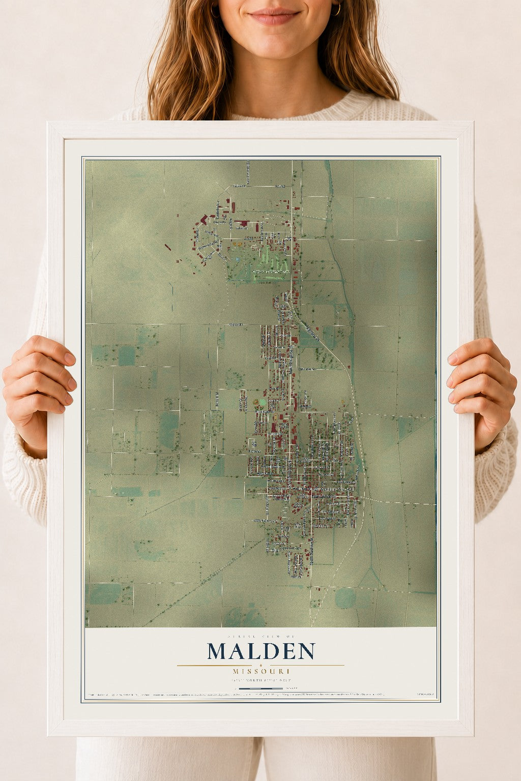 Map of Malden, Missouri, 18 x 24 inch print in a white wood frame