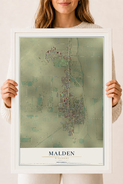 Map of Malden, Missouri, 18 x 24 inch print in a white wood frame