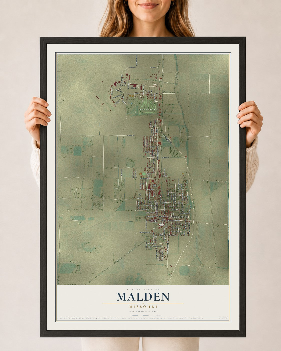 Map of Malden, Missouri, 24 x 36 inch print in a black wood frame