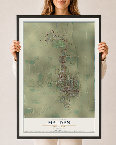 Map of Malden, Missouri, 24 x 36 inch print in a black wood frame