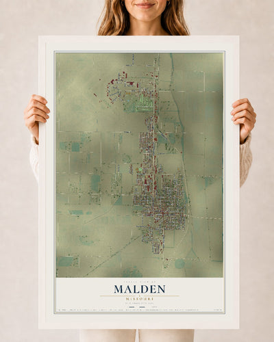 Map of Malden, Missouri, 24 x 36 inch print in a white wood frame
