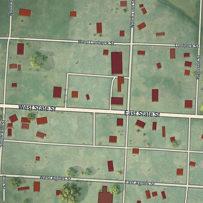Close-up of the map of Malta Bend, Missouri print showing street and building detail