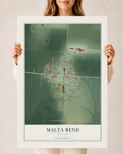 Map of Malta Bend, Missouri, 24 x 36 inch print in a white wood frame