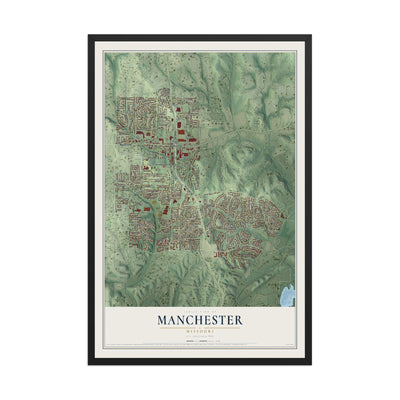 Map of Manchester, Missouri, 12 x 18 inch print in a black wood frame