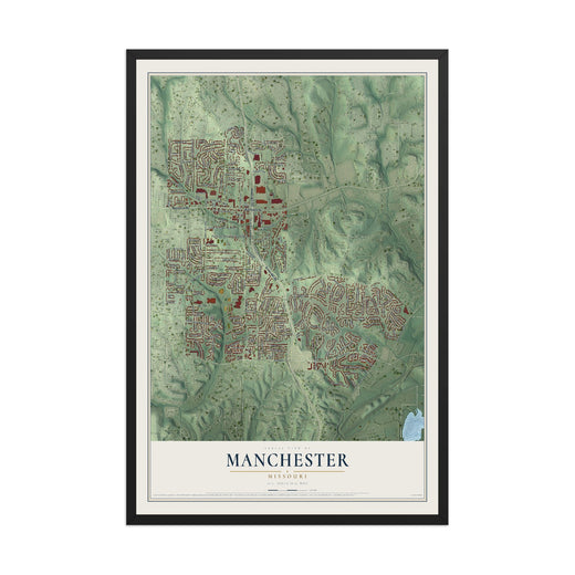 Map of Manchester, Missouri, 12 x 18 inch print in a black wood frame