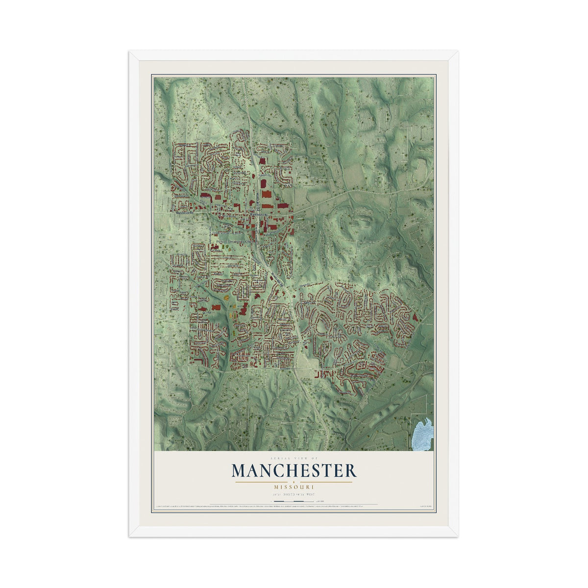 Map of Manchester, Missouri, 12 x 18 inch print in a white wood frame