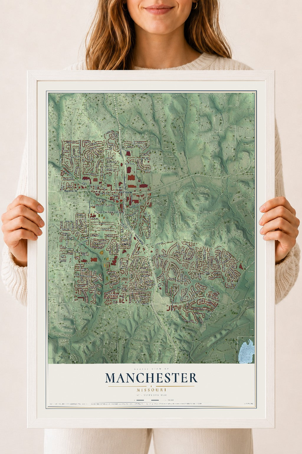 Map of Manchester, Missouri, 18 x 24 inch print in a white wood frame