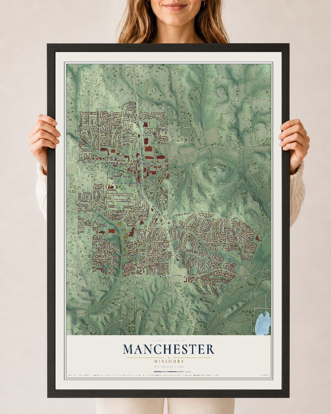 Map of Manchester, Missouri, 24 x 36 inch print in a black wood frame