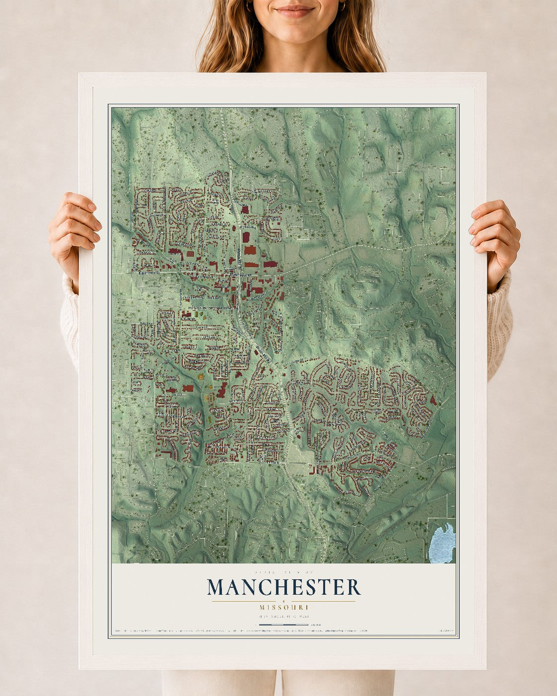 Map of Manchester, Missouri, 24 x 36 inch print in a white wood frame