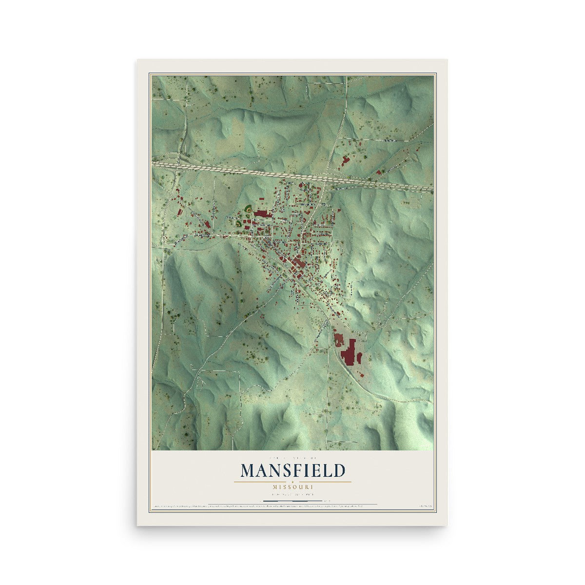 Map of Mansfield, Missouri, 12 x 18 inch unframed archival matte print