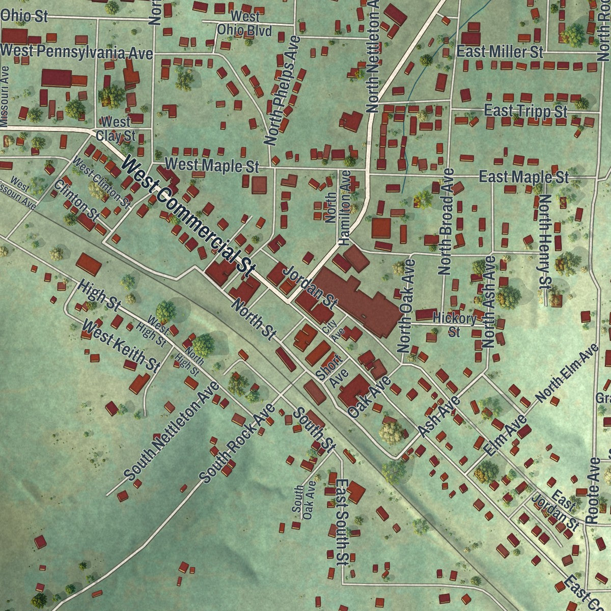 Close-up of the map of Mansfield, Missouri print showing street and building detail