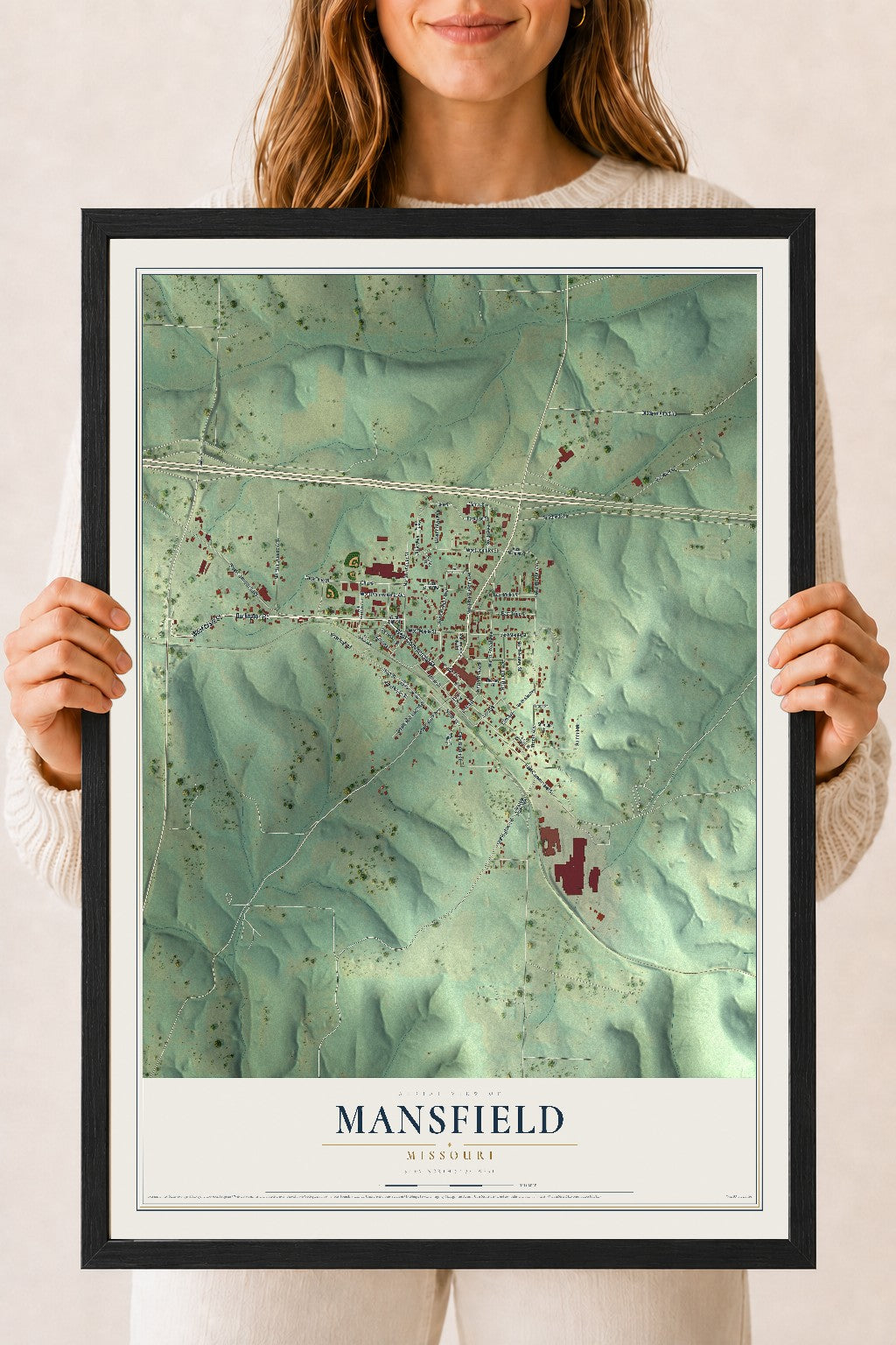 Map of Mansfield, Missouri, 18 x 24 inch print in a black wood frame