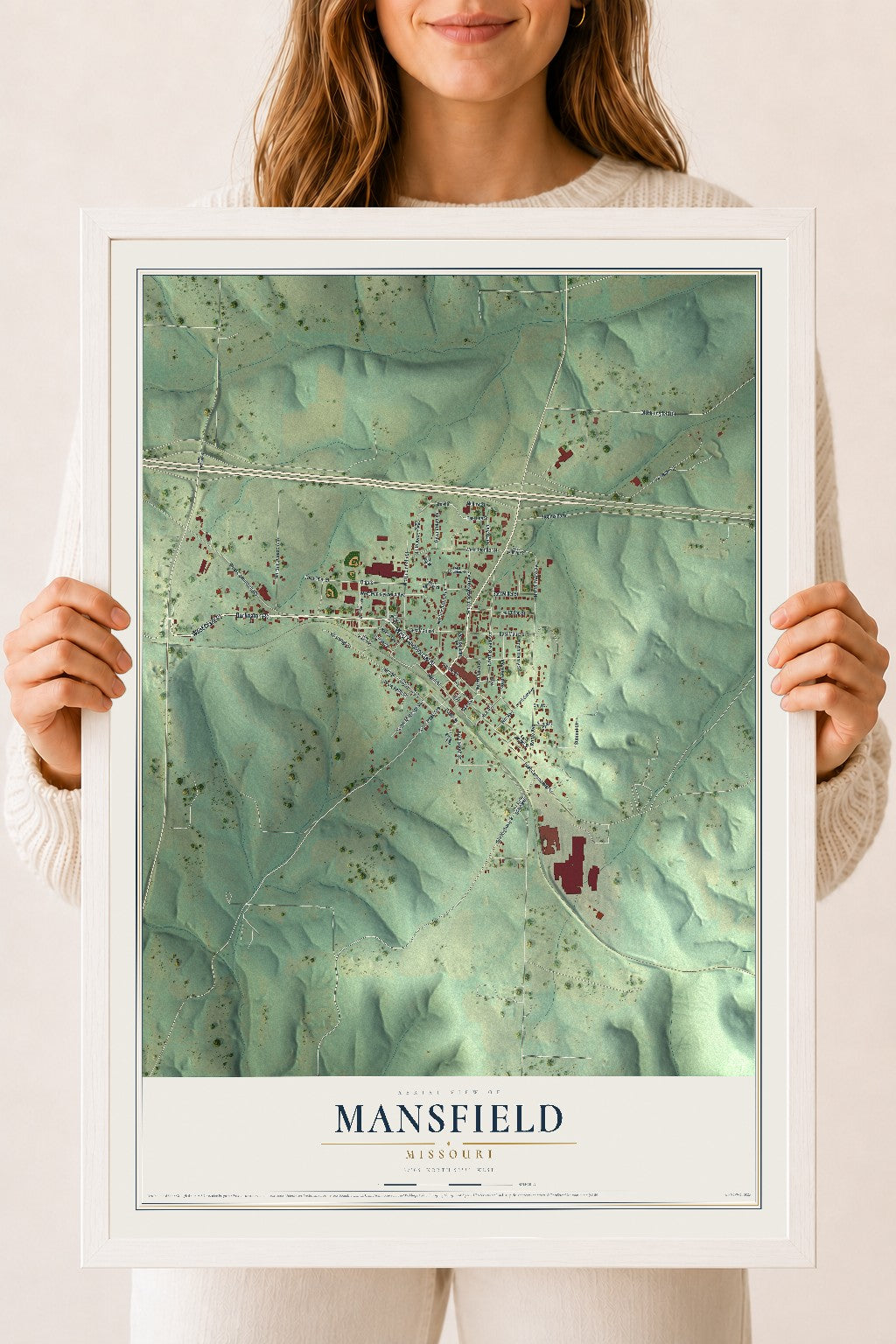 Map of Mansfield, Missouri, 18 x 24 inch print in a white wood frame