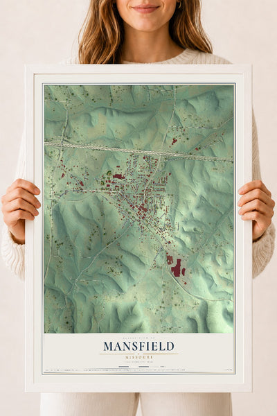 Map of Mansfield, Missouri, 18 x 24 inch print in a white wood frame