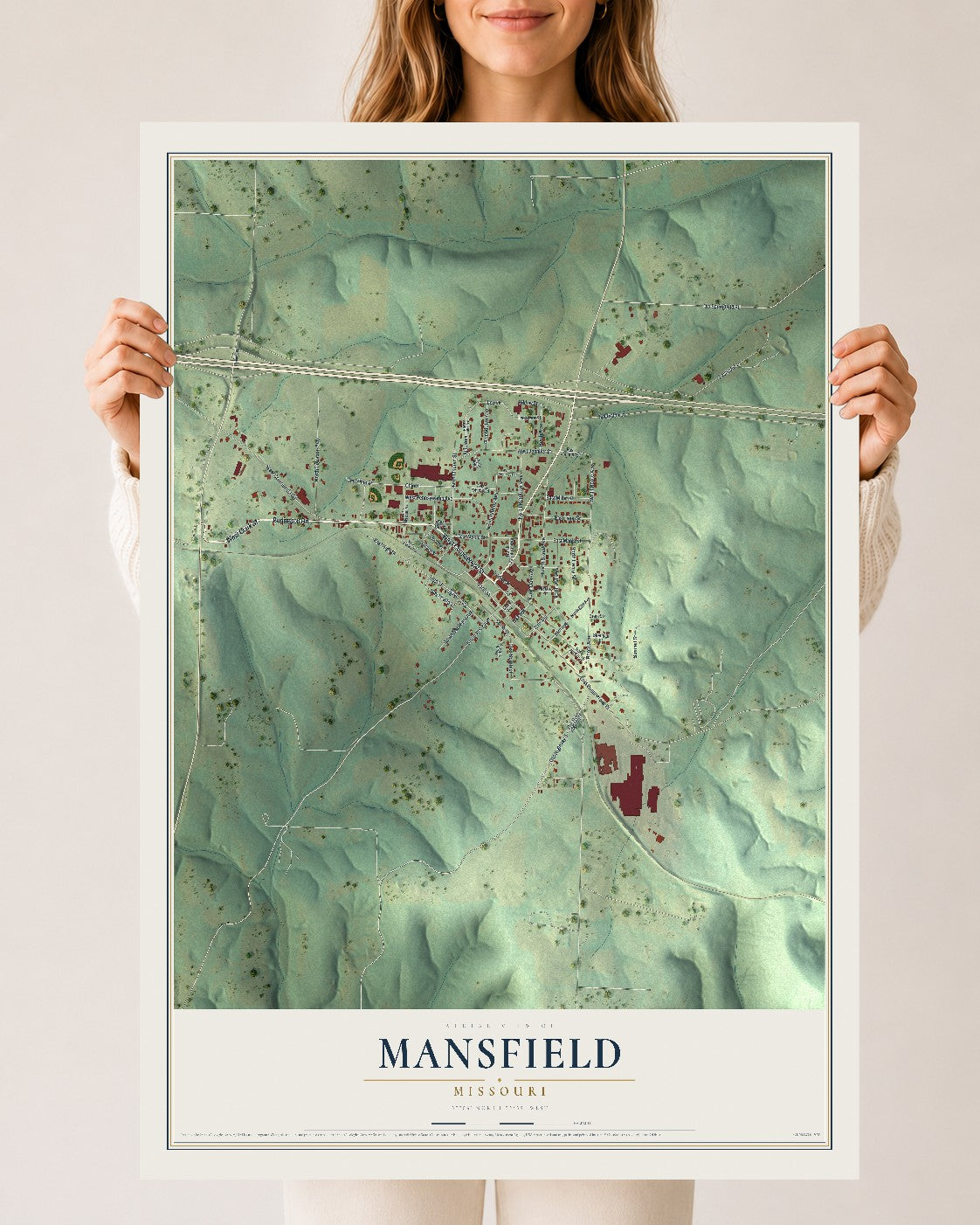 Map of Mansfield, Missouri, 24 x 36 inch unframed archival matte print