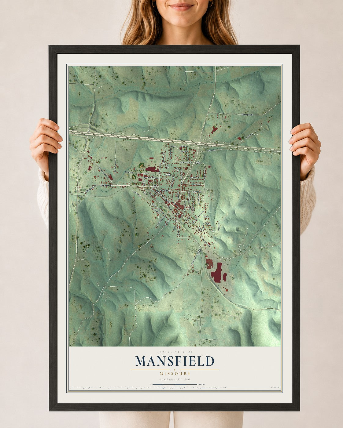 Map of Mansfield, Missouri, 24 x 36 inch print in a black wood frame