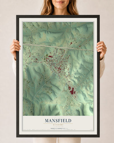 Map of Mansfield, Missouri, 24 x 36 inch print in a black wood frame