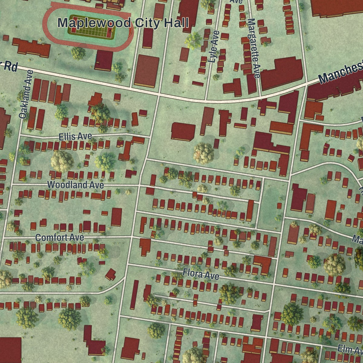 Close-up of the map of Maplewood, Missouri print showing street and building detail