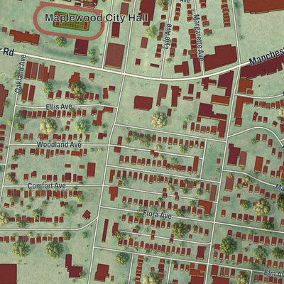 Close-up of the map of Maplewood, Missouri print showing street and building detail