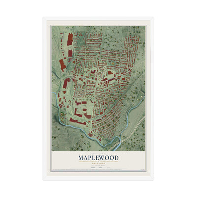 Map of Maplewood, Missouri, 12 x 18 inch print in a white wood frame