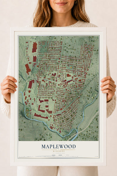 Map of Maplewood, Missouri, 18 x 24 inch print in a white wood frame