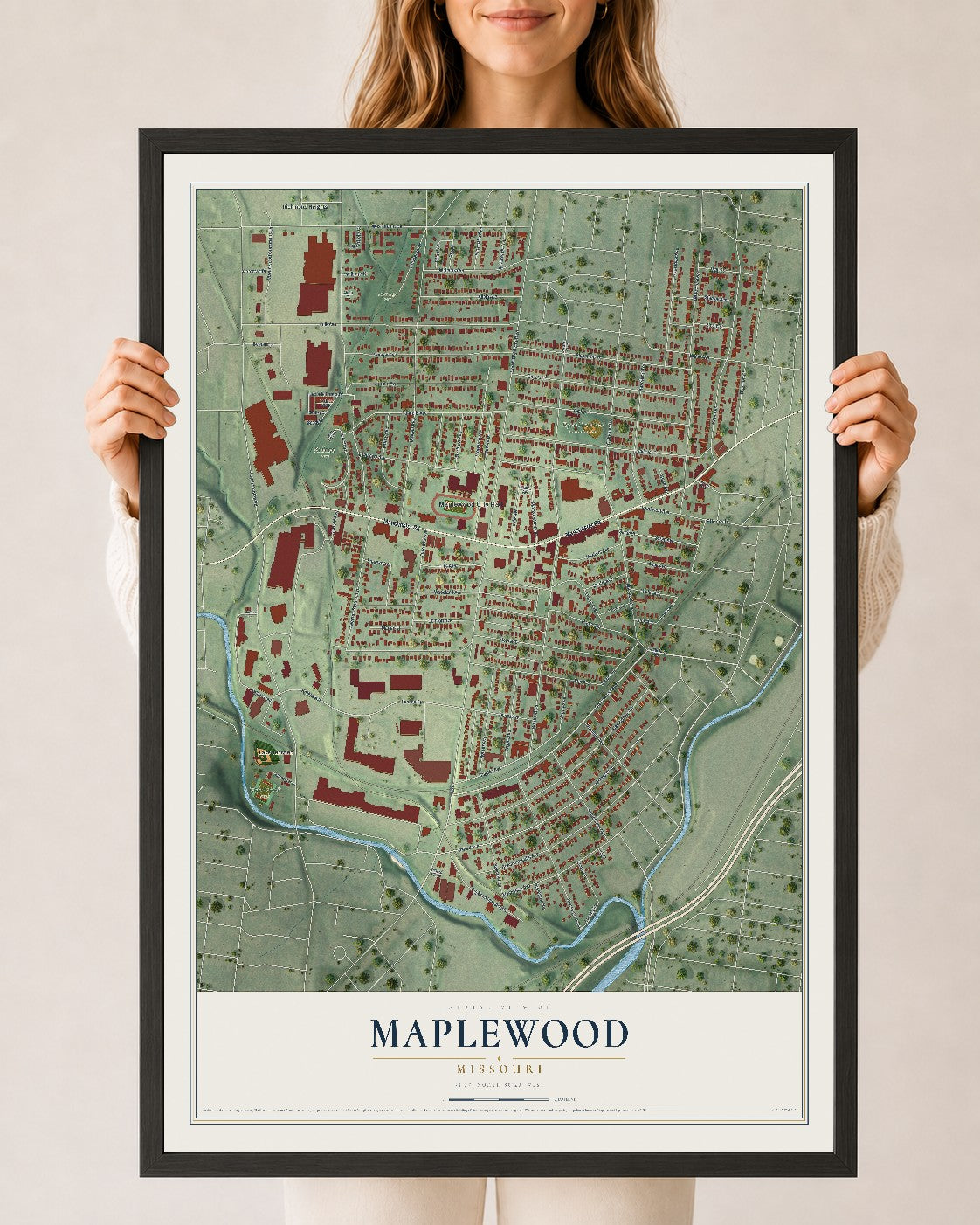 Map of Maplewood, Missouri, 24 x 36 inch print in a black wood frame