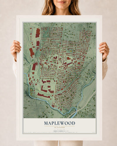 Map of Maplewood, Missouri, 24 x 36 inch print in a white wood frame