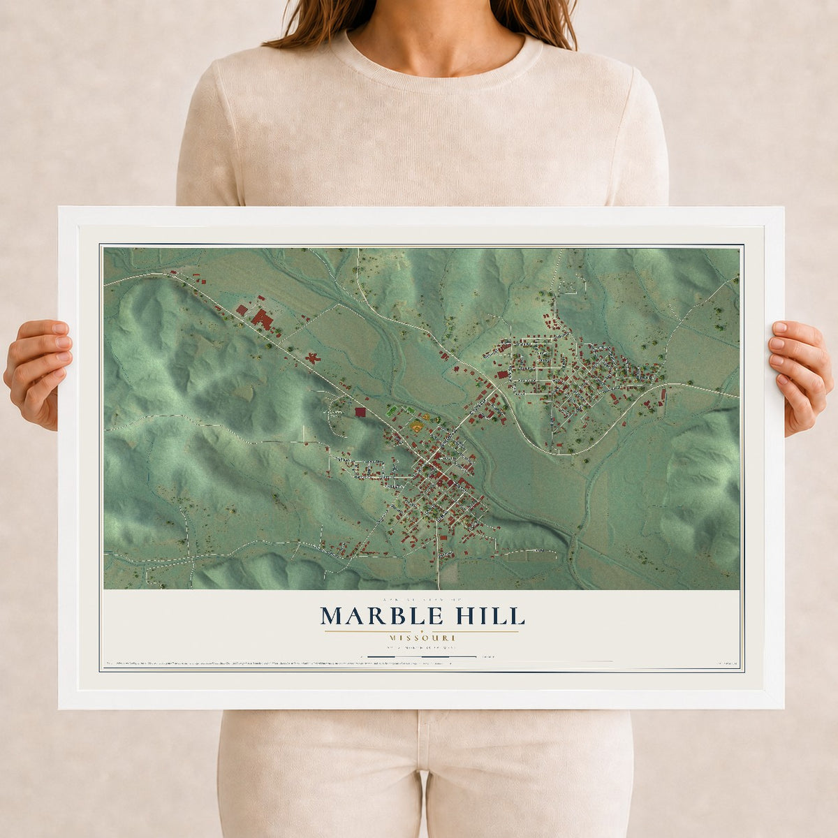 Map of Marble Hill, Missouri, 12 x 18 inch print in a white wood frame